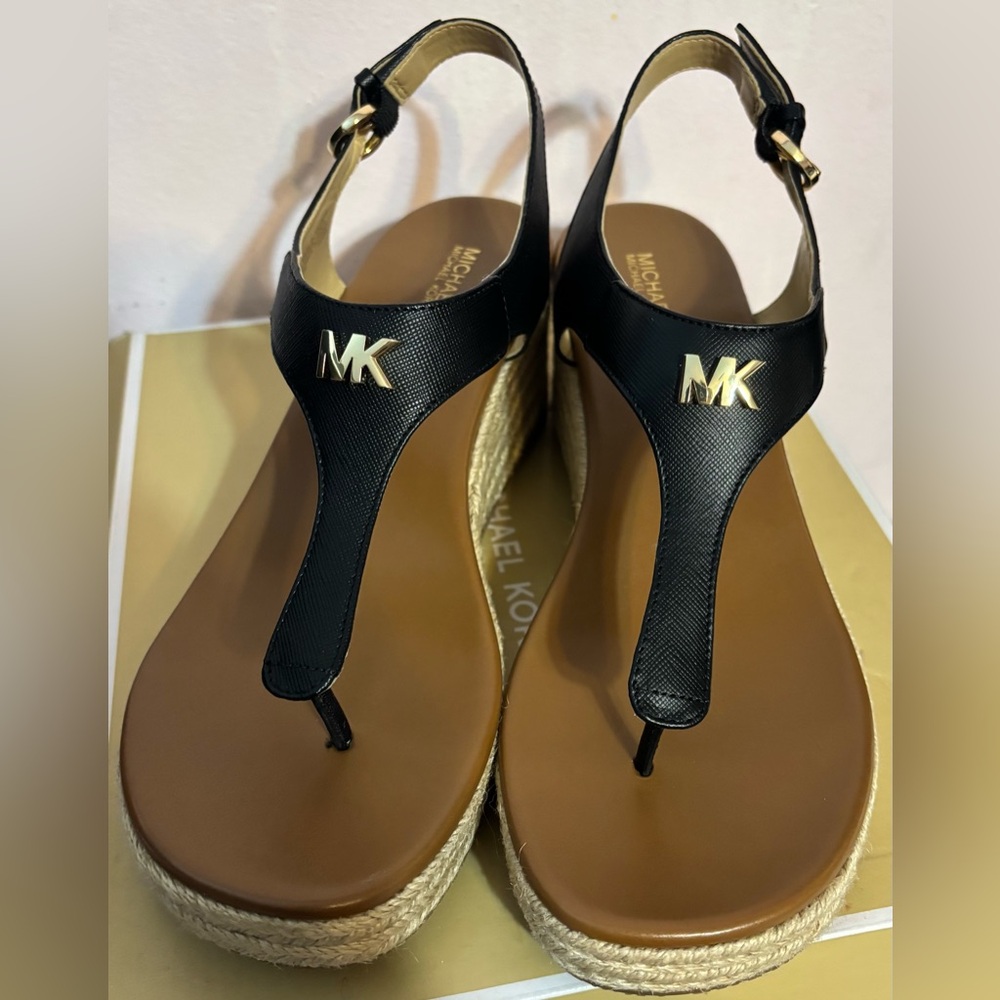 Michael Kors Black Laney Thong Saffiano Leather Wedge Sandal-New/Still in box